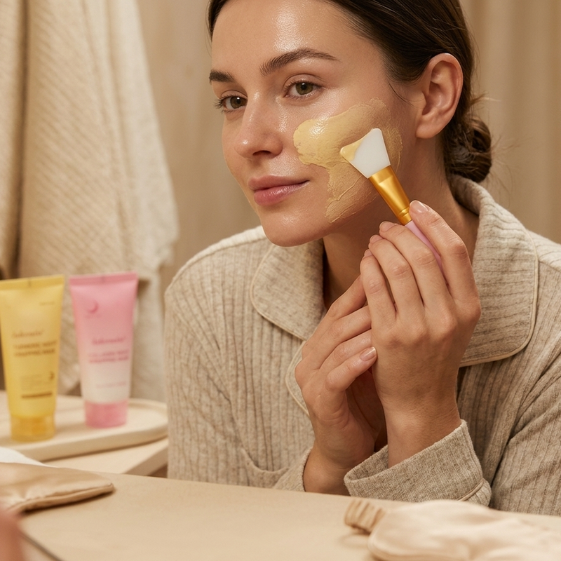 Mujer aplicando la mascarilla de noche Vexa con un pincel