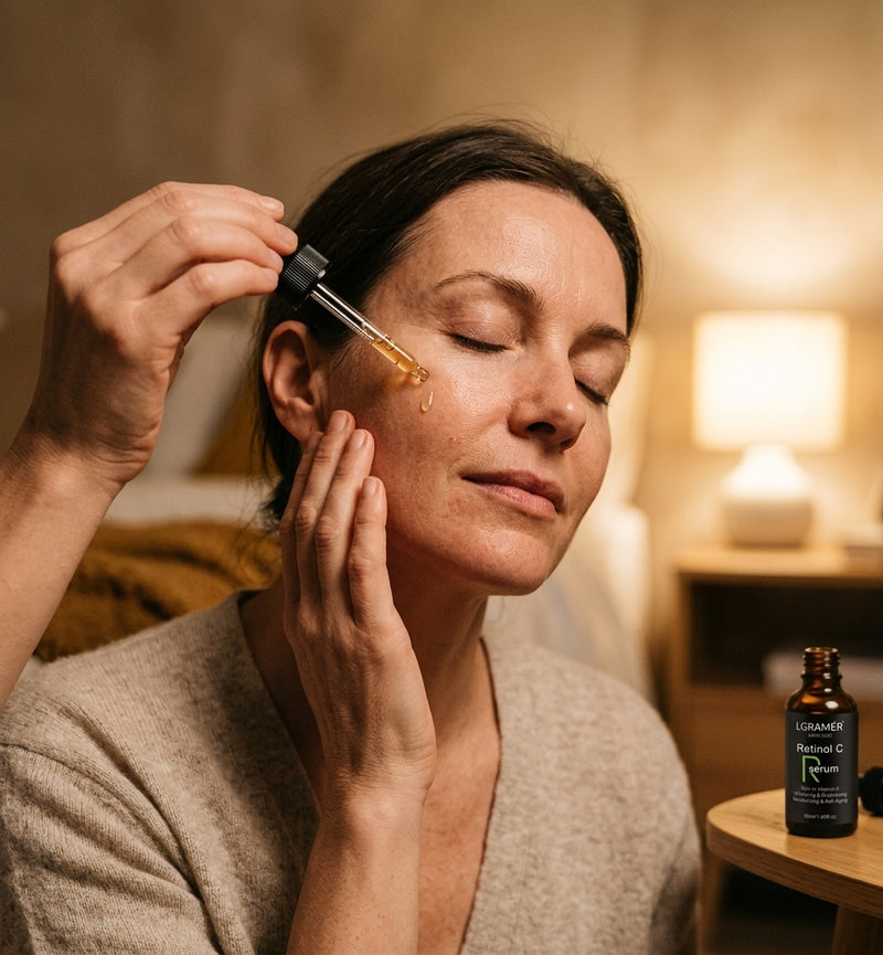 Mujer aplicando el Sérum de Retinol Vexa de noche