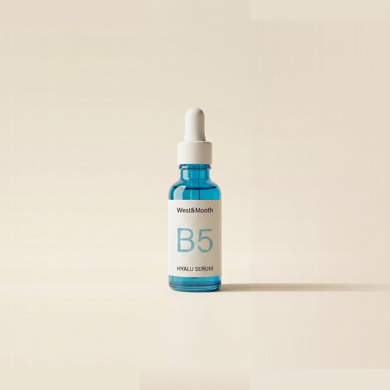 Vexa B5 Hydrating Serum — blue dropper bottle on a cream background