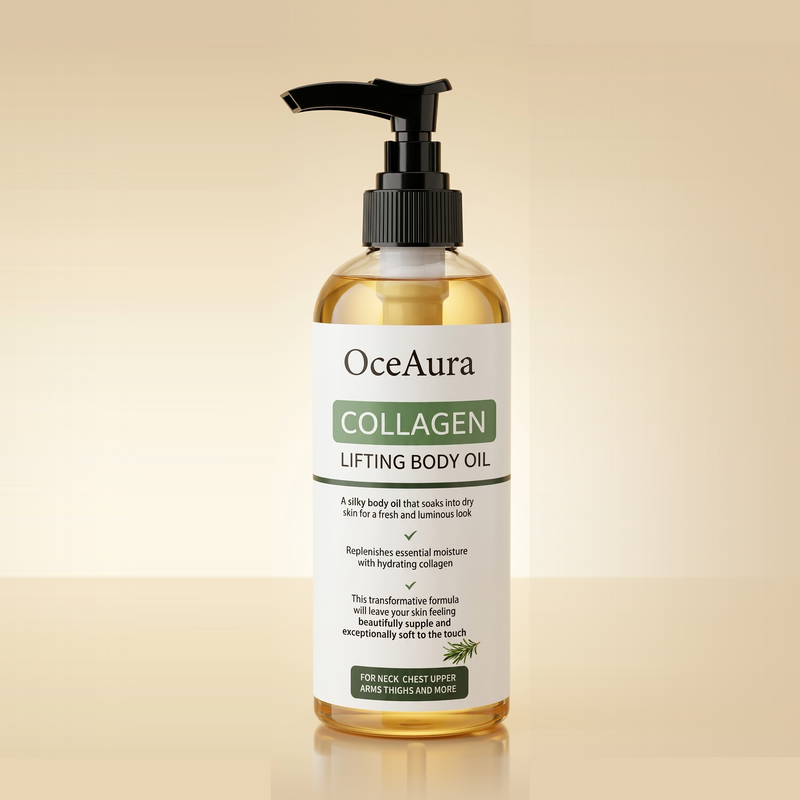 Aceite Corporal de Colágeno OceAura sobre fondo crema dorado premium
