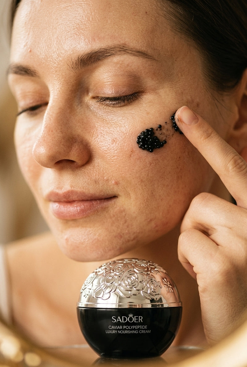 Mujer aplicando la Crema de Caviar Vexa en la mejilla