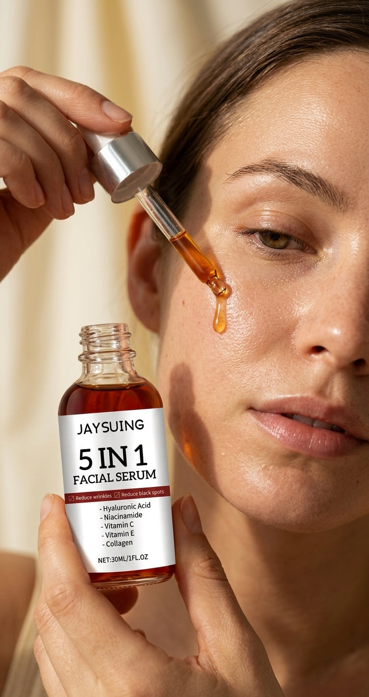 Mujer aplicando el Sérum Facial 5 en 1 Vexa con el cuentagotas