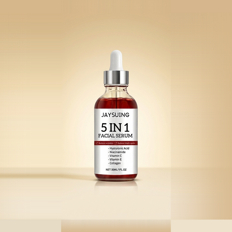 Sérum Facial 5 en 1 Vexa sobre fondo crema dorado premium